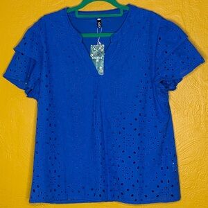 CiCiBird Women's Blue Short Ruffle Sleeve Eyelet Blouse Size XL NWT
